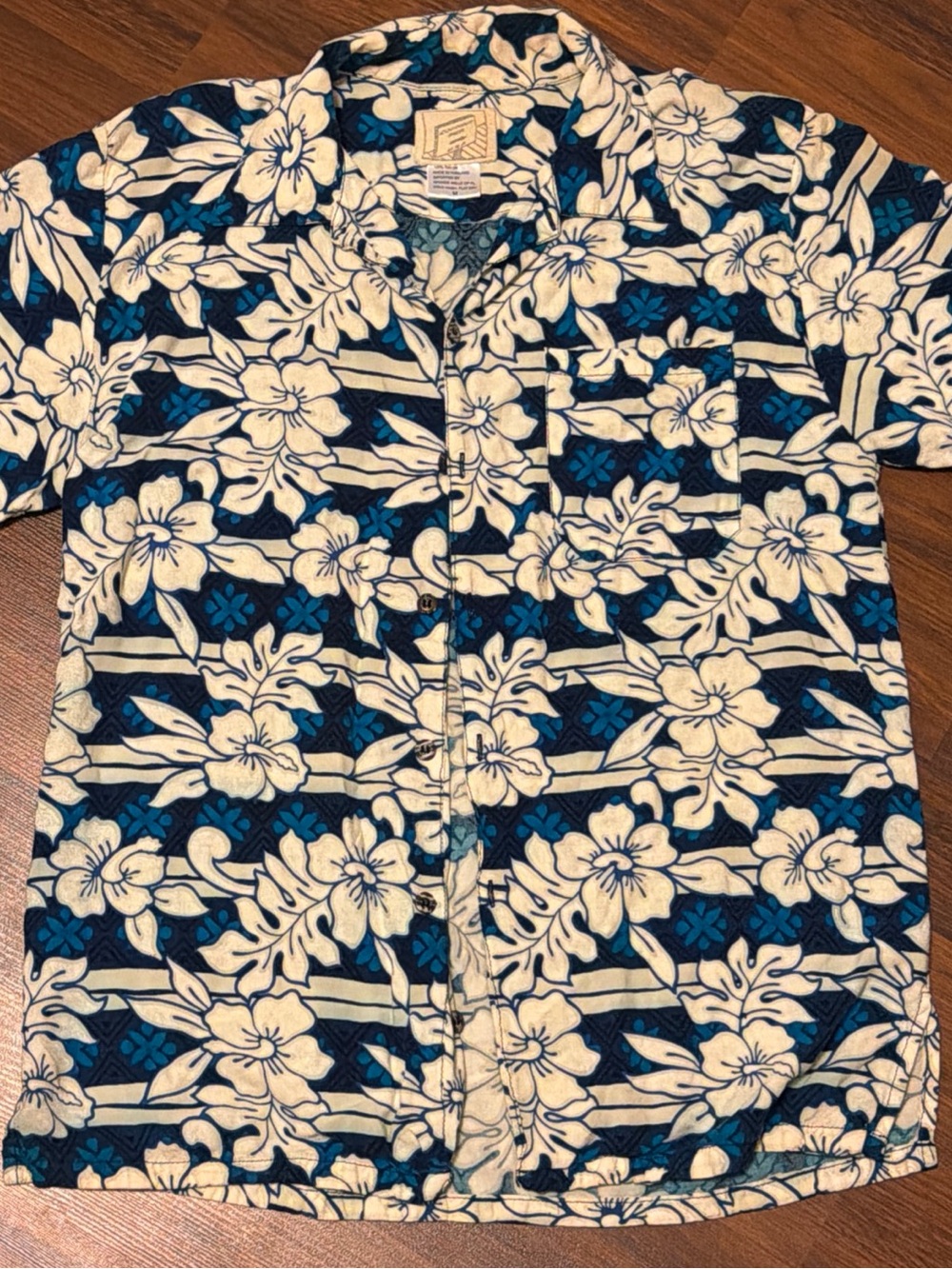 Men's Blue and White Floral Short-Sleeve Button-Down Shirt by